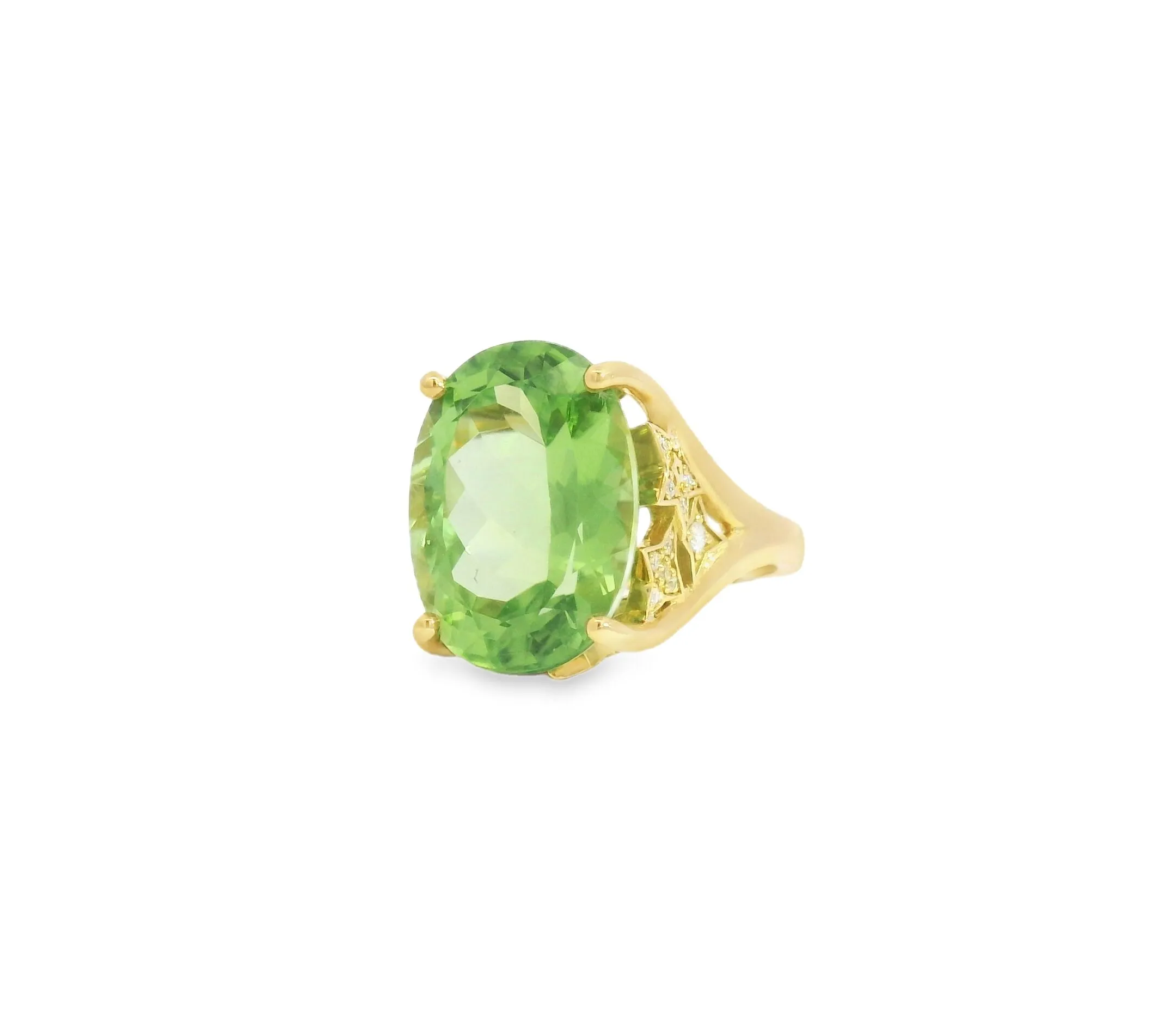 Lisa Nik peridot cocktail ring with a celestial star-shaped gallery accented with diamonds and set in 18k gold