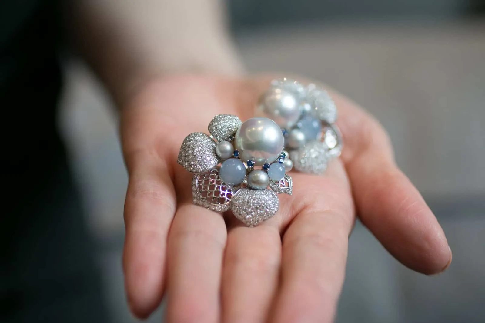  Sarah Ho Peony collection earrings in white gold with pearl, chalcedony and and diamonds