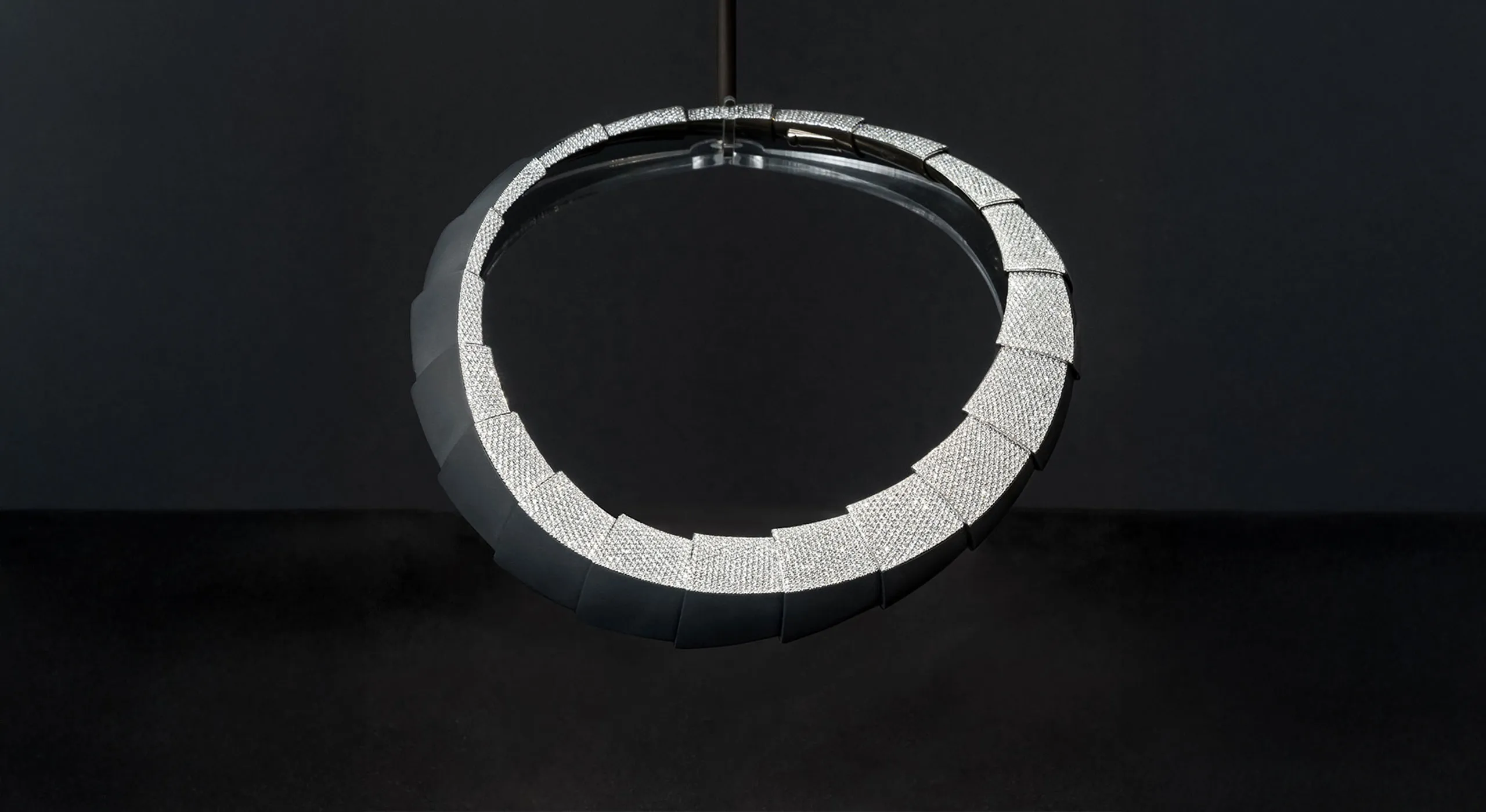 Vhernier Forma D’Eclisse necklace from the Ardis High Jewellery collection with 2,695 diamonds weighing 19.35 carats, set in 18k white gold and black titanium
