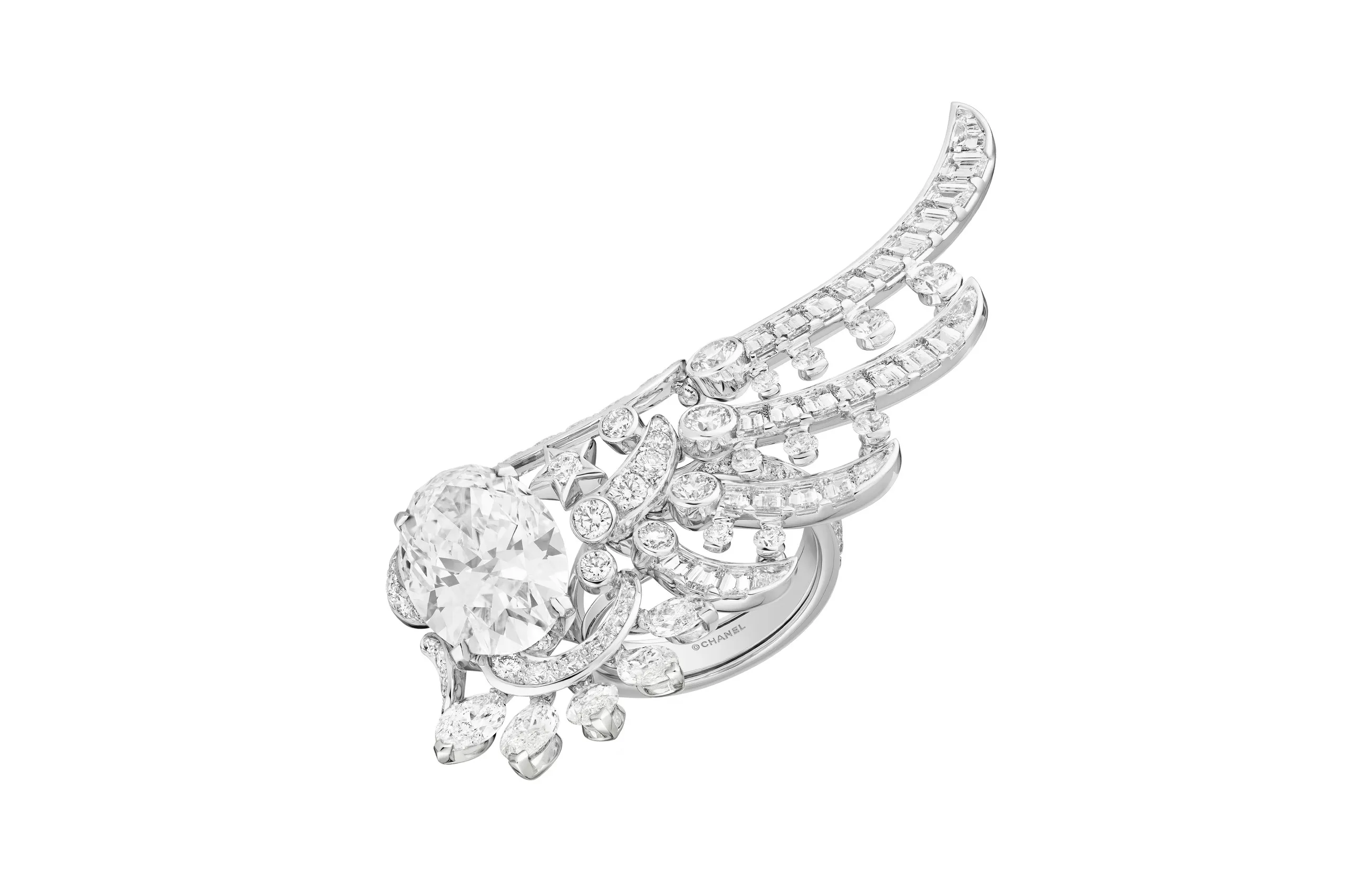 Chanel Wings of Chanel ring with an oval-cut diamond of 8.15 carats set alongside further diamonds in white gold from the Reach for the Stars High Jewellery collection