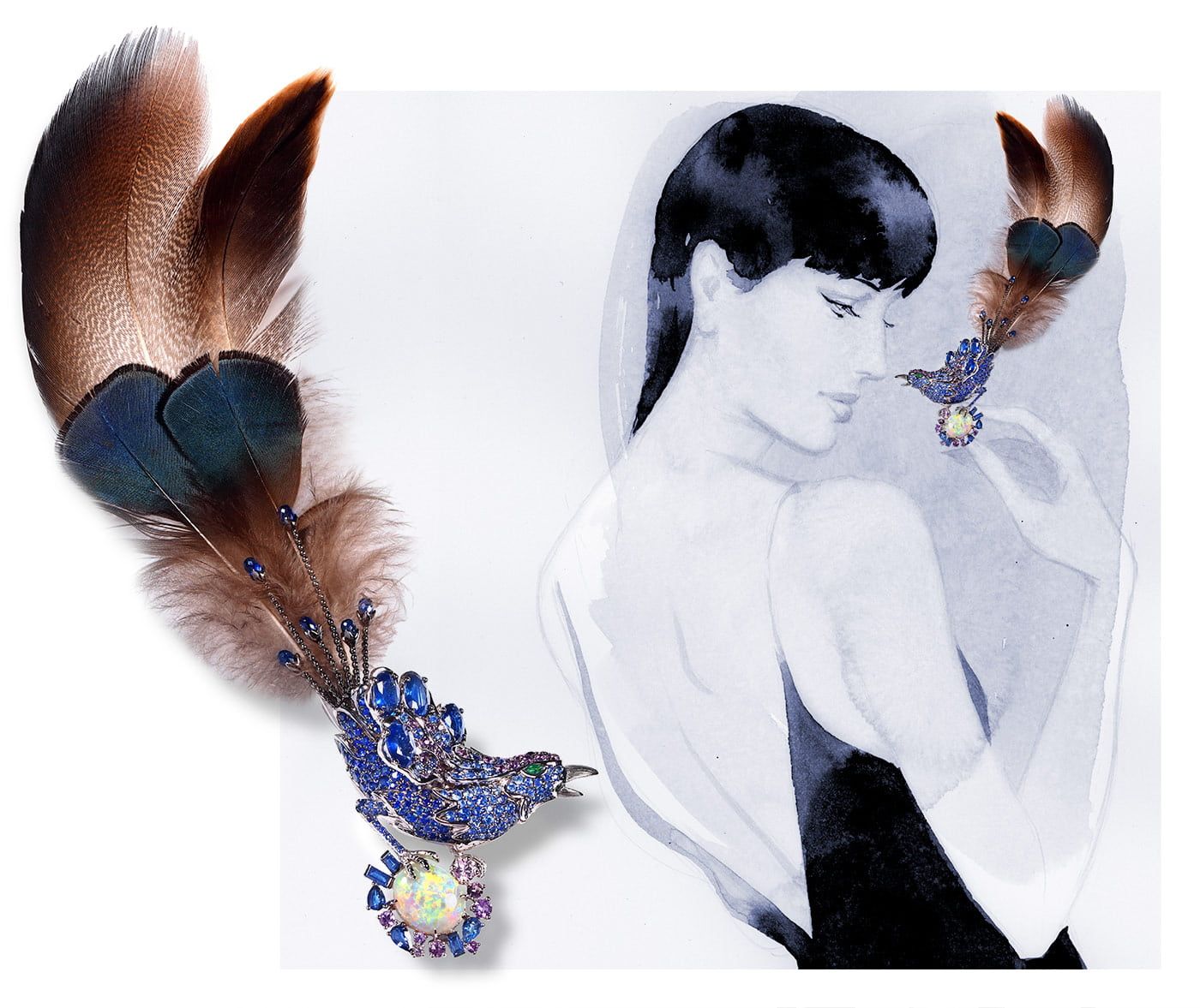 Ciga Long brooch with an opal, sapphires, emerald and feathers