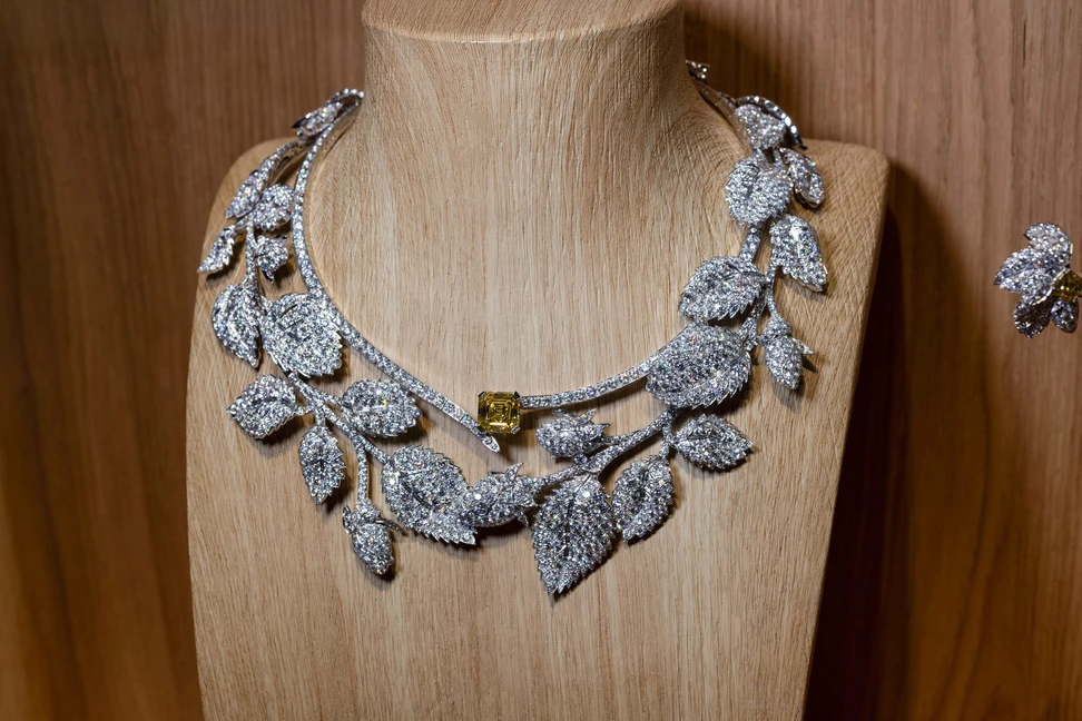 <p>Inspired by an archival tiara, the Wild Rose white and yellow diamond high jewellery necklace can be worn in three different ways</p>
