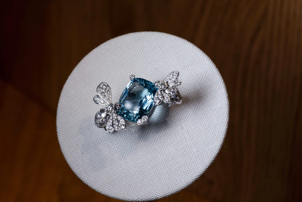 <p>The bee takes centre stage in the collection’s finale in a series of seven high jewellery brooches, including this aquamarine and diamond version</p>

