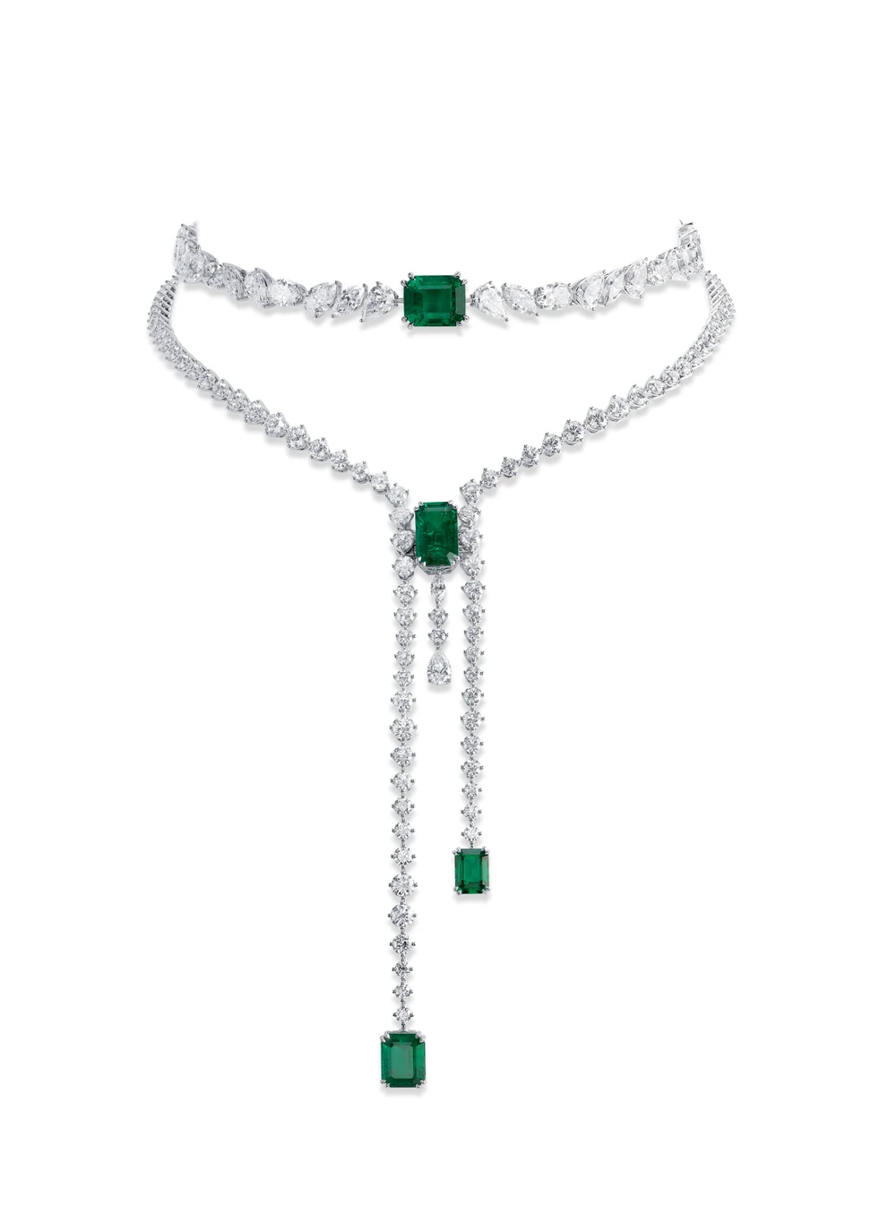 <p>Emerald and diamond choker and tie necklace set in 18-carat white gold from Chopard’s Insofu collection</p>