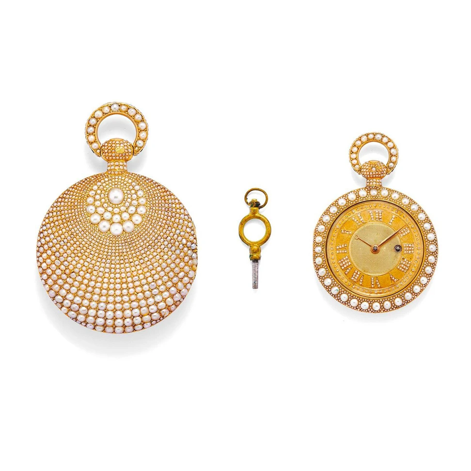 <p>A gold and seed pearl set key wind open face pocket watch, likely Bautte &amp; Moynier à Genève, owned by an Italian family and due to be sold by Bonhams Paris in November 2021</p>
