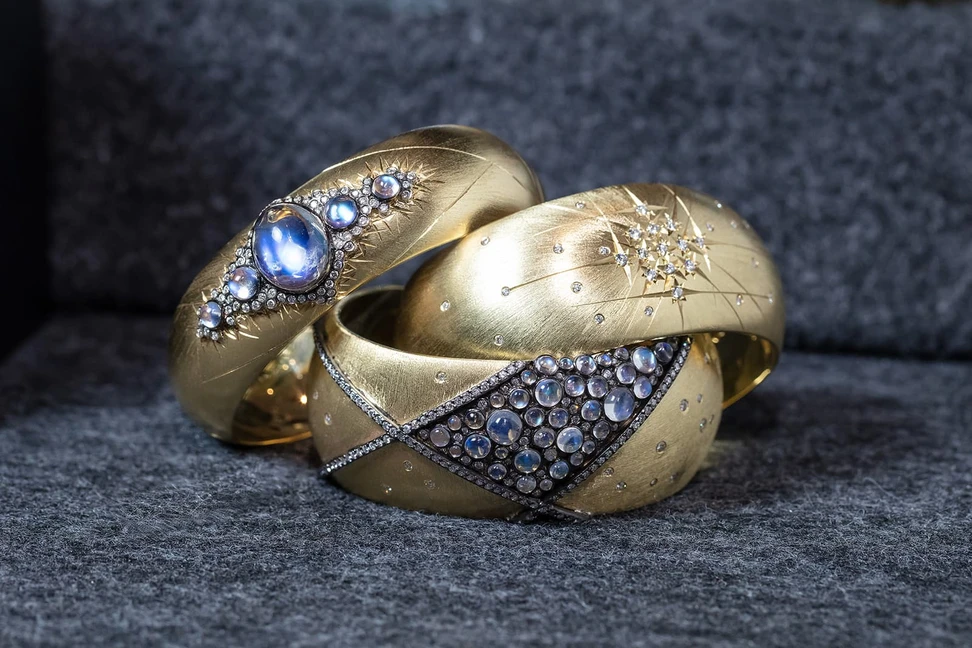 <p>A trio of cuff bracelets from Adam Foster&#8217;s Constellation Collection with diamonds and moonstones</p>
