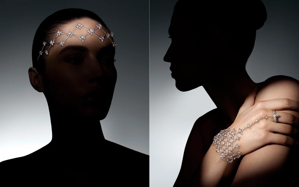 <p>Louis Vuitton Élégance headband with 13 Monogram Star-cut gems for a total weight of 5.47 carats and a matching hand jewel from the same set, both in 18k white gold, from Chapter II of the Awakened Hands, Awakened Minds High Jewellery collection. ©Nathaniel Goldberg</p>
