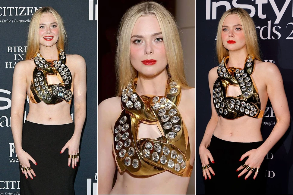 <p>Actress Elle Fanning in a Balmain gold chain-inspired top at the InStyle Awards 2021</p>
