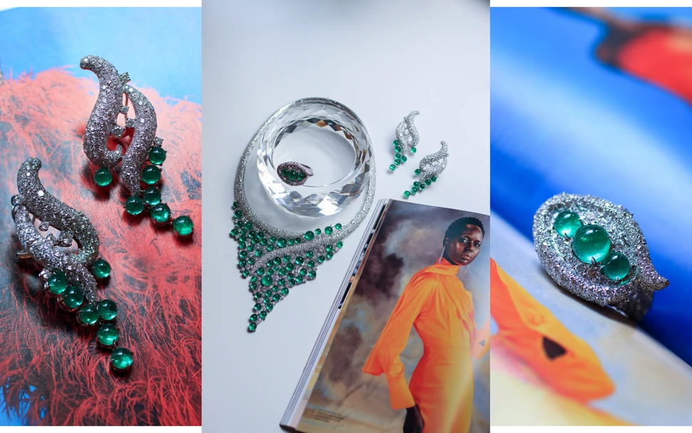 <p>AKANO Mkpulu suite consisting of a necklace with 36.1 carats of diamonds, 77.1 carats of round emeralds, and GIA Certified diamonds, alongside the matching earrings with 10 carats of diamonds and 13 carats of emeralds and a ring with 6.9 carats of diamonds and 4.2 carats of emeralds, all in 18k gold</p>

