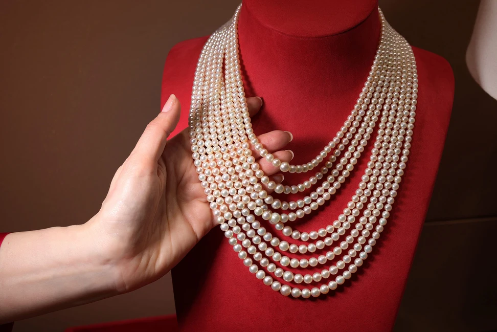 <p>A remarkable nine-row necklace of perfectly matched natural pearls at Al Mahmood Pearls – a piece that took 31 years to assemble</p>