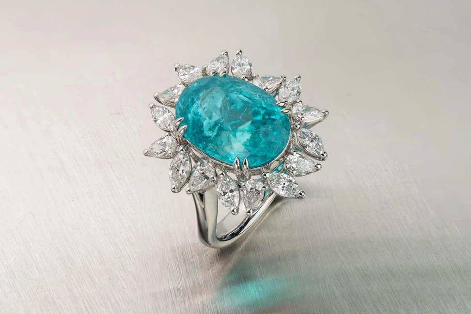 <p>The Alexander Laut Paraiba tourmaline and diamond ring that caught Katerina’s eye at Jewellery Arabia</p>