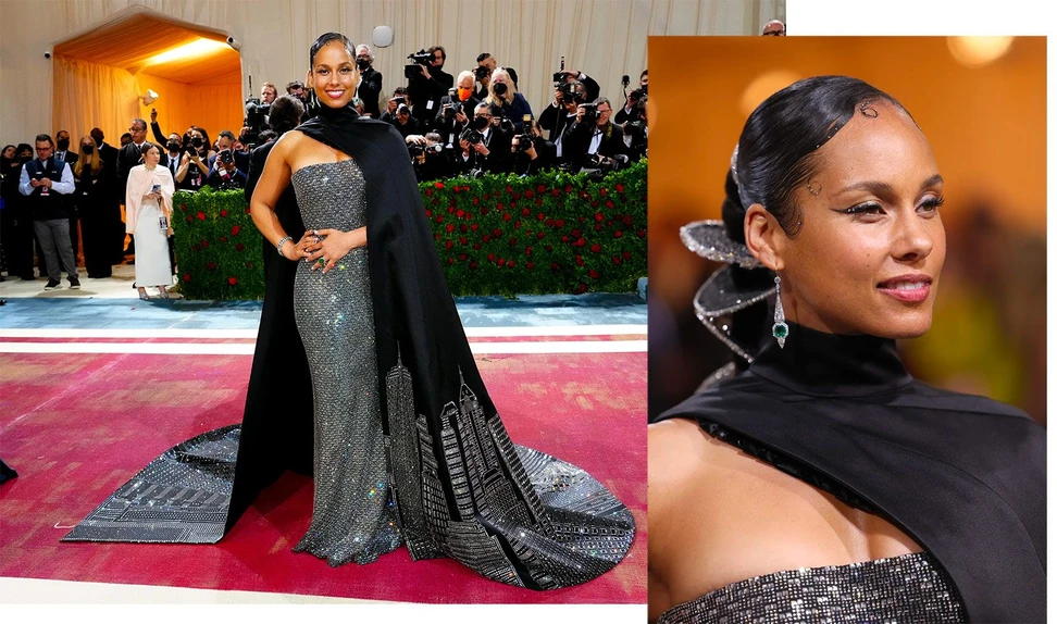 <p>Alicia Keys wearing Tiffany & Co. Art Deco emerald and diamond earrings to the Met Gala 2022</p>
