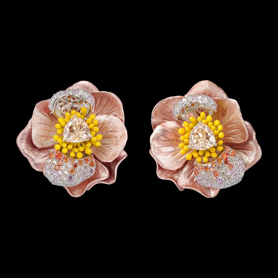 <p>Blush Bloom earrings by Anabela Chan crafted in recycled aluminium, 18k yellow gold vermeil, and 14k gold set with laboratory-grown and laboratory-created coloured stones including orange and blush pink sapphires, with simulated white diamonds</p>
