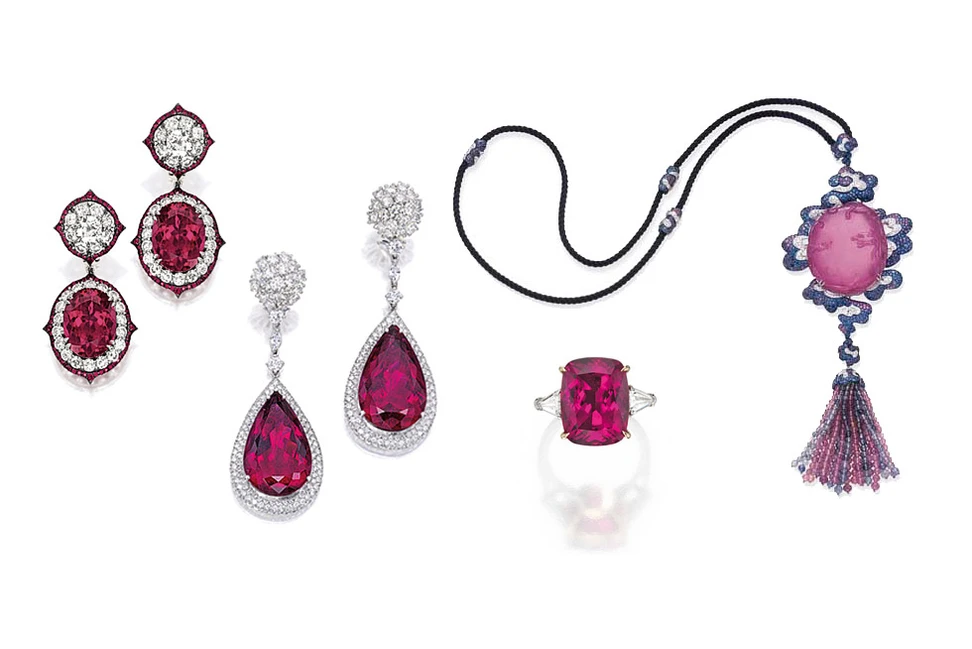 <p>Auctioned jewellery from left to right: IVY New York earrings; Tiffany&#038;Co ring – Sotheby’s; Michelle Ong necklace – Christie’s</p>
