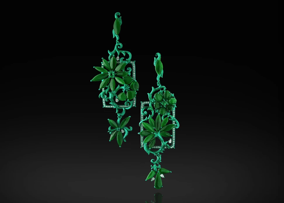<p>Austy Lee The Chrysanthemum Throne earrings from The Jade Dynasty collection with Burmese green jades, Colombian emeralds, and white diamonds set in 18k yellow gold </p>
