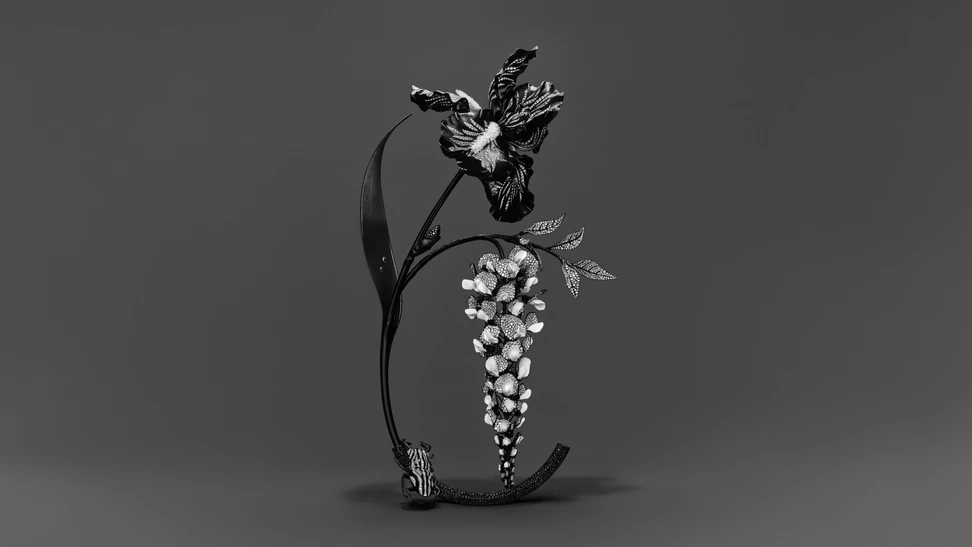 <p>Composition No.3 of the Boucheron Impermanence High Jewellery collection, incorporating the Iris shoulder brooch, the Wisteria hair comb-brooch, and the Stag Beetle brooch, housed in a vase of titanium, aluminium and pavé-set black spinels</p>
