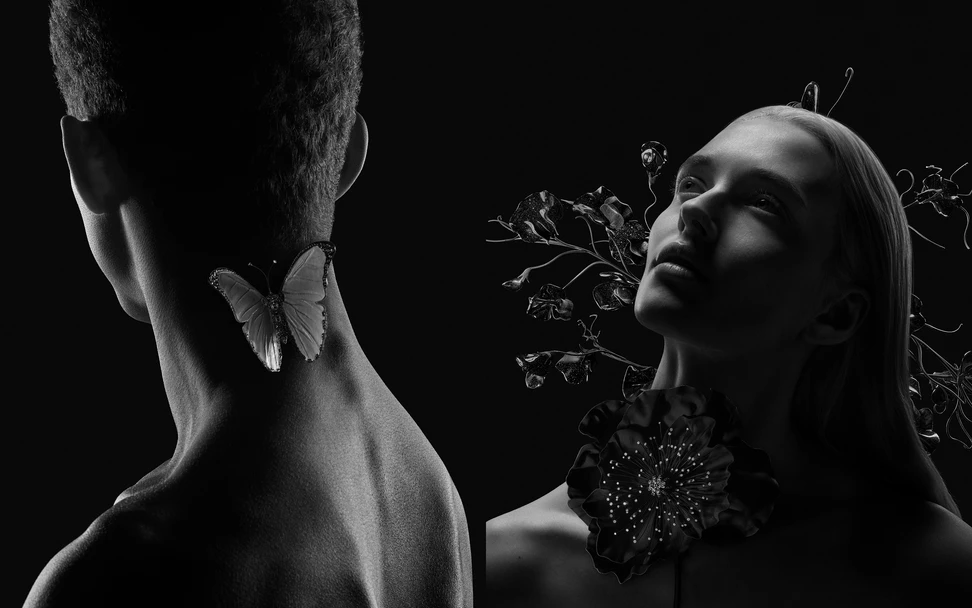 <p>Butterfly brooch (left), Sweet Pea brooch and Poppy brooch (right) from Composition No.1 of the Boucheron Impermanence High Jewellery collection, crafted in matte-black titanium, Vantablack®, black spinels, gold, black aventurine glass, onyx and diamonds </p>
