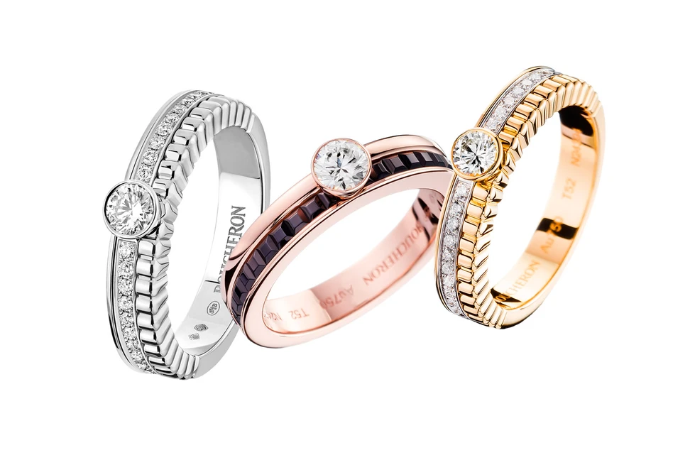 <p>Boucheron &#8216;Quatre Radiant&#8217; diamond engagement rings in white gold and yellow gold, with &#8216;Quatre Classique&#8217; diamond engagement ring in rose gold with brown diamonds</p>
