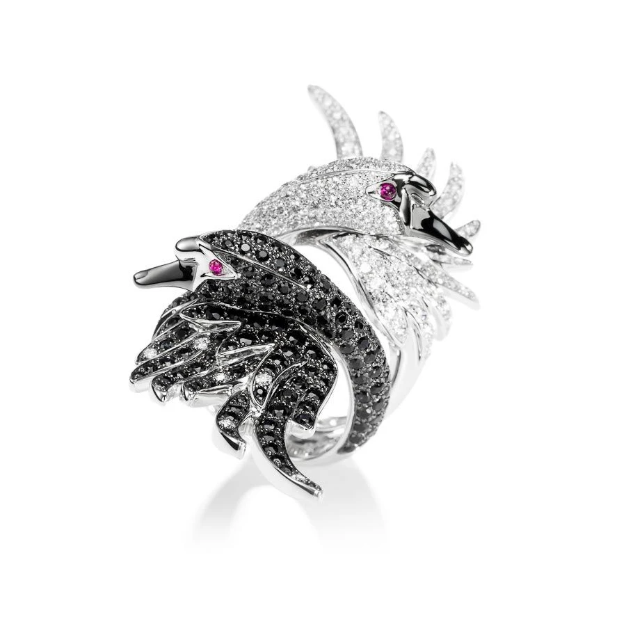 <p>Boucheron Swan ring with black sapphires and diamonds</p>