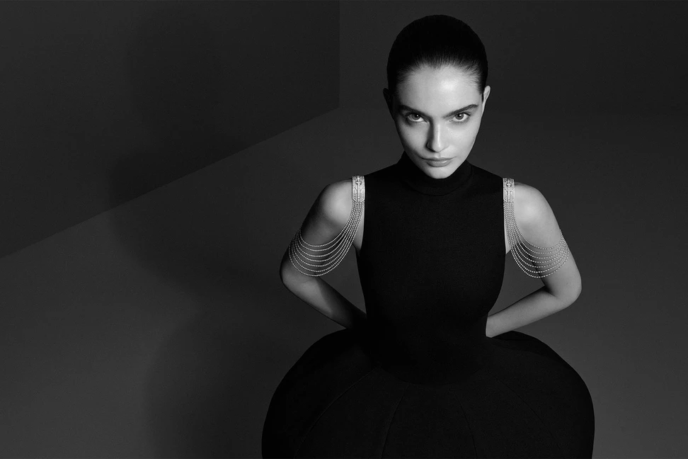 <p>A model wears The Silhouette, part of the Boucheron Histoire de Style ‘Nom: Boucheron Prénom: Frédéric’ High Jewellery collection, alongside a custom-made gown with exaggerated hips to spotlight the piece</p>