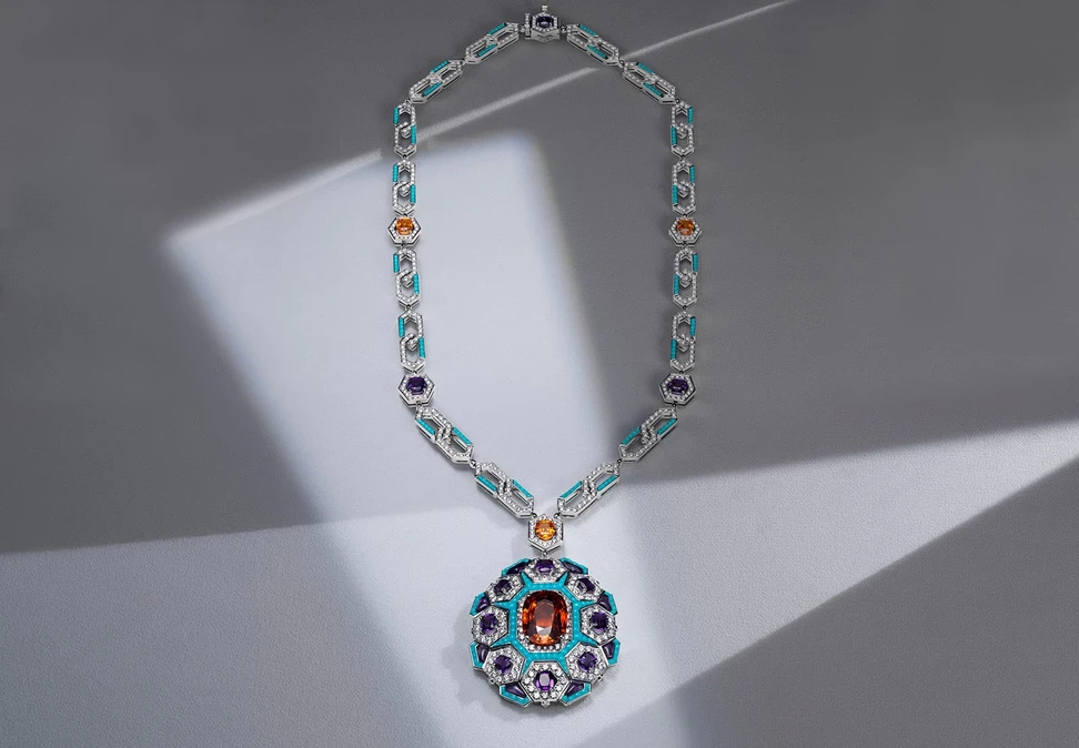 <p>Bulgari &#8216;Cinemagia&#8217; collection ‘Night at the Casino’ medallion necklace with 16.85ct Mandarin garnet, turquoise, amethysts and diamonds</p>
