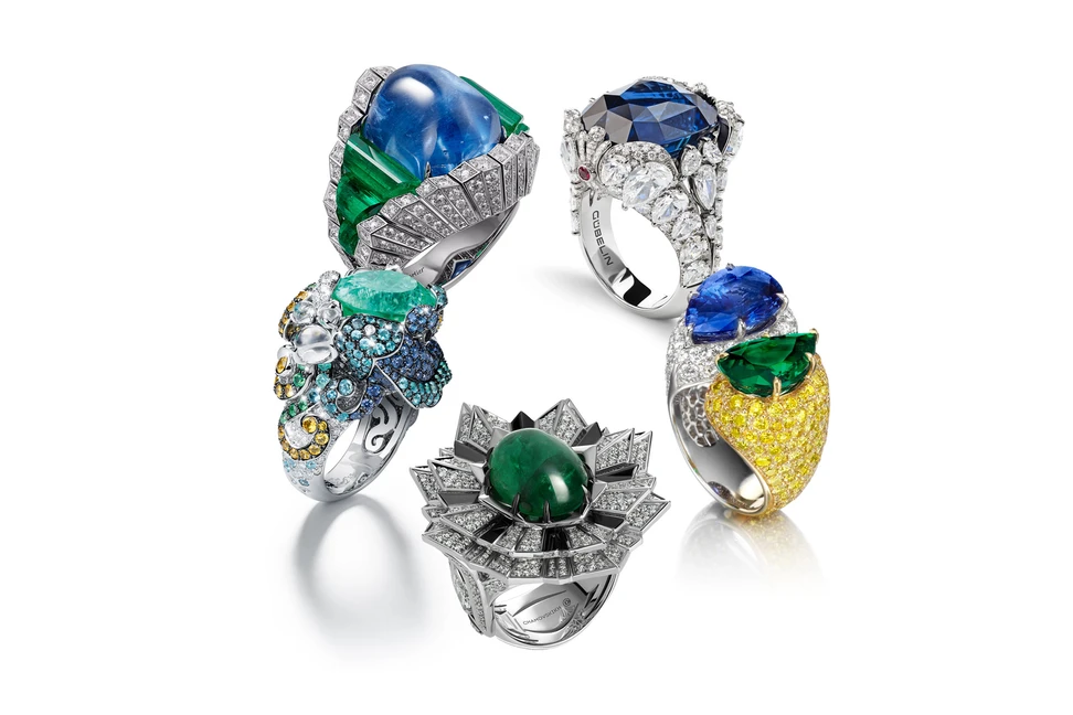 <p>From top to bottom: Cartier ‘Resonances de Cartier’ ring with sapphire, emeralds and diamonds; Gubelin Seahorse ring with sapphire and diamonds, House of Tabbah ring with sapphire, emerald, yellow and colourless diamonds, Chamovskikh ring with cabochon emerald and diamonds, Giampiero Bodino ring with Paraiba tourmaline, sapphires and diamonds</p>