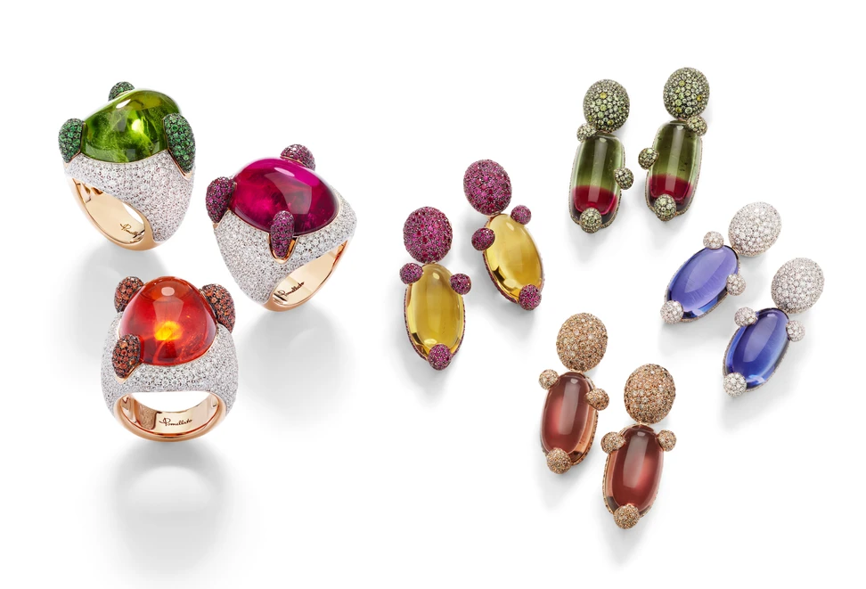 <p>Pomellato multi-coloured Marvelous Griffe rings and earrings from the &#8216;Collezione 1967&#8217; High Jewellery collection</p>
