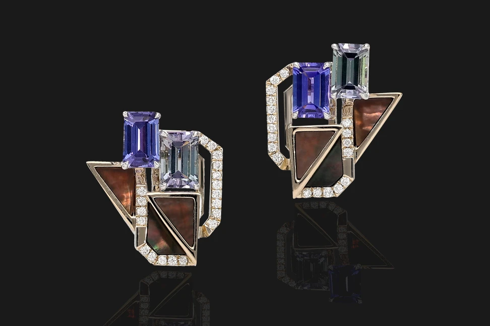 <p>Cally Lily earring jackets with no-heat and heat-treated step-cut tanzanites, triangular-cut grey mother-of-pearl and diamonds </p>
