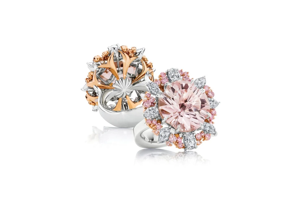 <p>Calleija Aria ring with 9.54ct central Astar cut morganite, Argyle pink diamonds and colourless diamonds in white and rose gold</p>