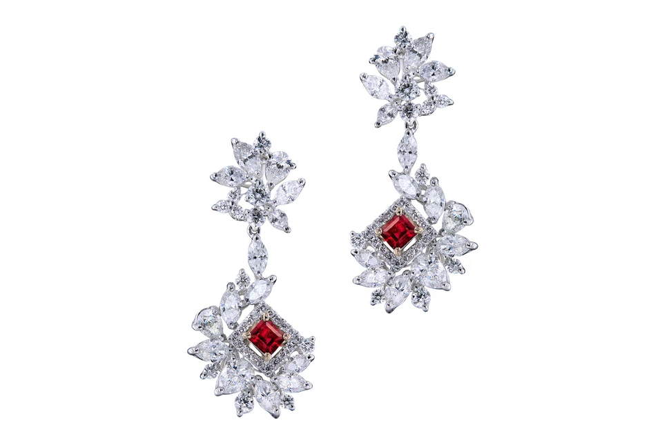 <p>Caratell 0.41ct Bixbite / Red beryl and 4.01ct Diamond drop earrings from ‘Sun Ray’ collection</p>