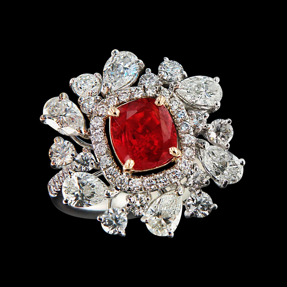 <p>Caratell 1.17ct Bixbite – Red beryl and 2.66ct Diamond cocktail ring from ‘Sun Ray’ collection</p>