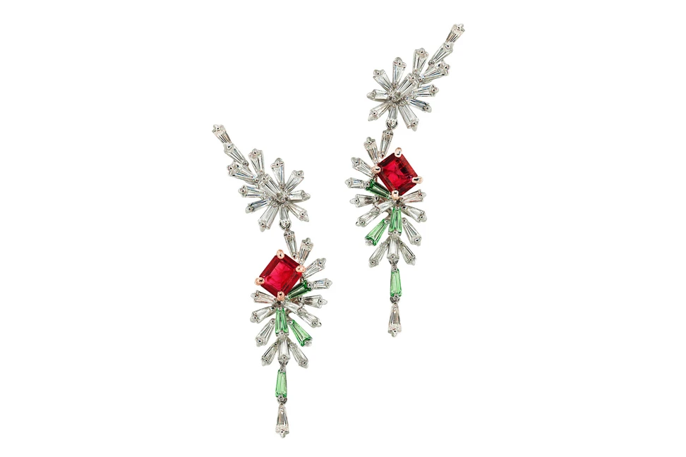 <p>Caratell Bixbite / Red beryl, Green Garnet and Diamond drop earrings from ‘Firework’ collection</p>