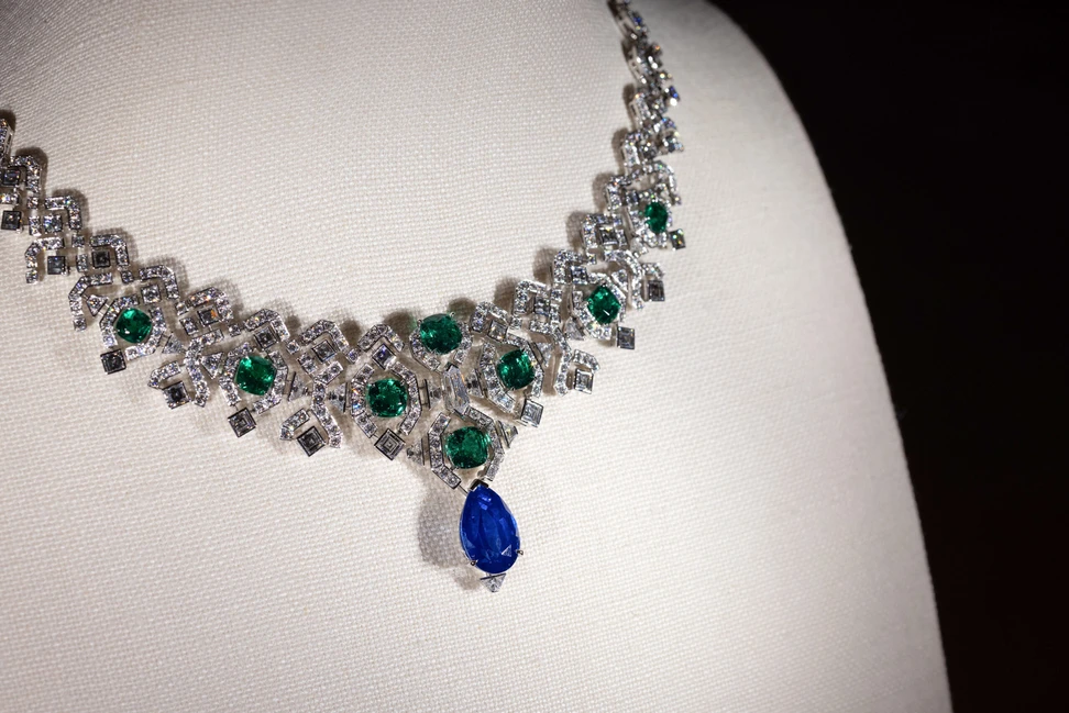 <p>Cartier Byzas necklace with an 11.70-carat pear-shaped Ceylon sapphire, 9.31 carats of cushion-shaped Zambian emeralds, square-cut diamonds, tapered diamonds and further diamonds, part of the En Équilibre High Jewellery collection</p>
