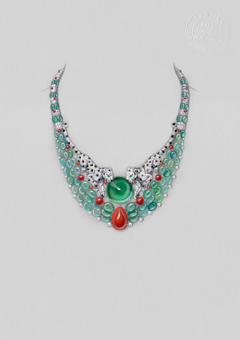 <p>Cartier Panthères Reflexio necklace with a 74.10-carat green tourmaline cabochon and a 14.91-carat coral drop surrounded by baroque-shaped tourmaline beads, further coral cabochons, diamonds and a pair of panthers with emeralds, diamonds and onyx, part of the En Équilibre High Jewellery collection</p>
