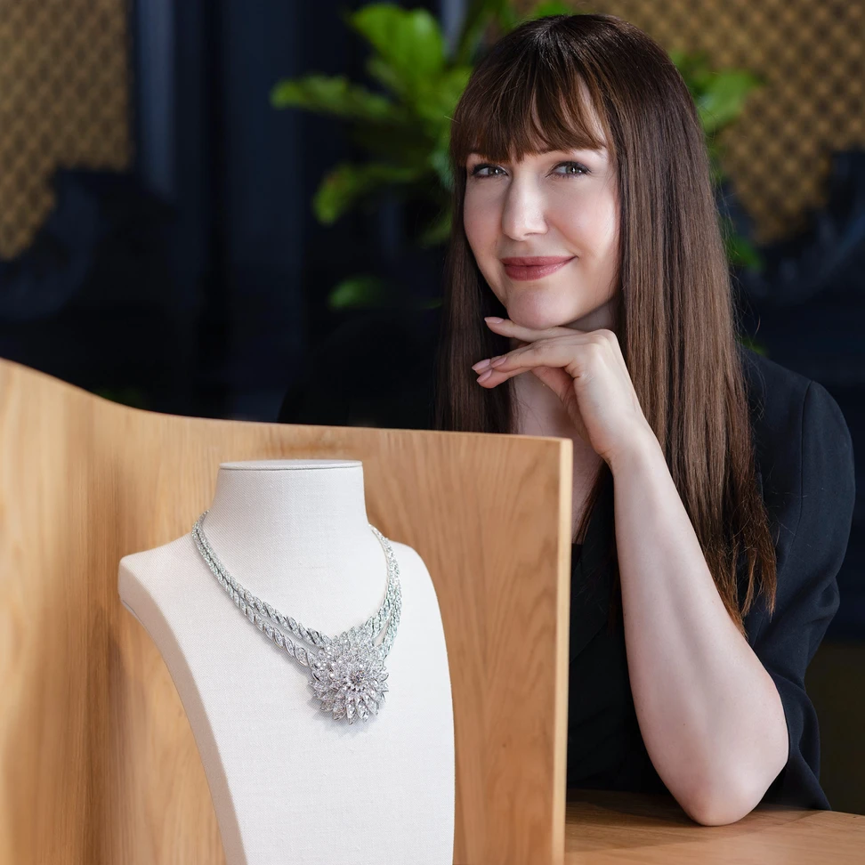 <p>Katerina with the Dahlia high jewellery necklace from Jewels by Nature, Chaumet&#8217;s latest high jewellery collection</p>
