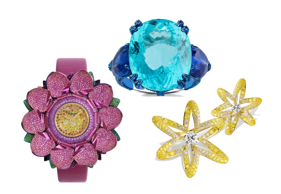 <p>A trio of high jewellery creations from the Chopard Caroline&#8217;s Universe Red Carpet Collection 2025, including a jewellery watch (left) with 7.68 carats of round-cut garnets, 2.97 carats of pink spinels, 1.14 carats of multi-coloured sapphires, tsavorites, emeralds and yellow diamond brilliants, set in 18k white gold and titanium </p>
