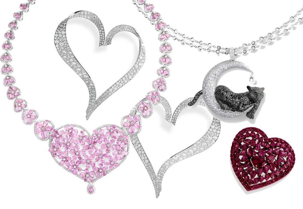 <p>A selection of pieces from the Chopard Caroline&#8217;s Universe Red Carpet High Jewellery Collection 2025, including (clockwise from left to right) a necklace with 95 carats of pink sapphire briolettes and 8.38 carats of diamonds; a pair of earrings with 10.86 carats of diamonds; a Crescent Moon pendant with 8.88 carats of brilliant-cut white diamonds and a panther with 7.25 carats of black diamonds, plus white diamond briolettes, and a ring in aluminium with heart-shaped, pear-shaped and brilliant-cut rubies totalling 12.80 carats, all in 18k white gold </p>

