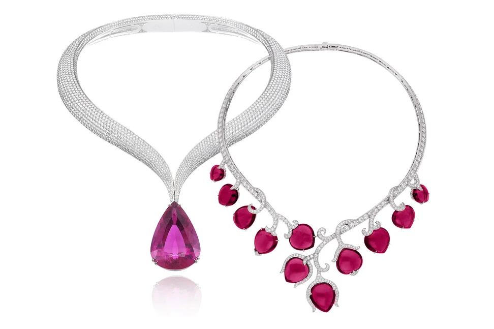<p>Left: Chopard rubellite and diamonds necklace from the Red Carpet collection; Right: Van Cleef&#038;Arpels Boboli necklace with cabochon rubellites and diamonds</p>
