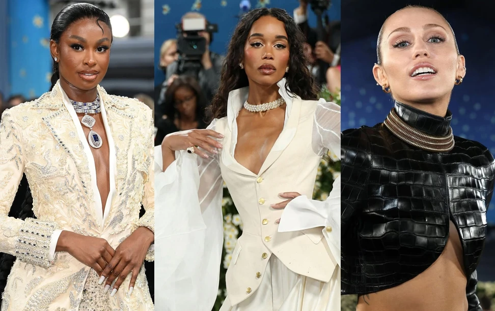 <p>Left to right: actress Coco Jones in an elaborate diamond necklace; actress Laura Harrier in the Buccellati Rete con Perle necklace; and Miley Cyrus in golden Cartier necklaces</p>
