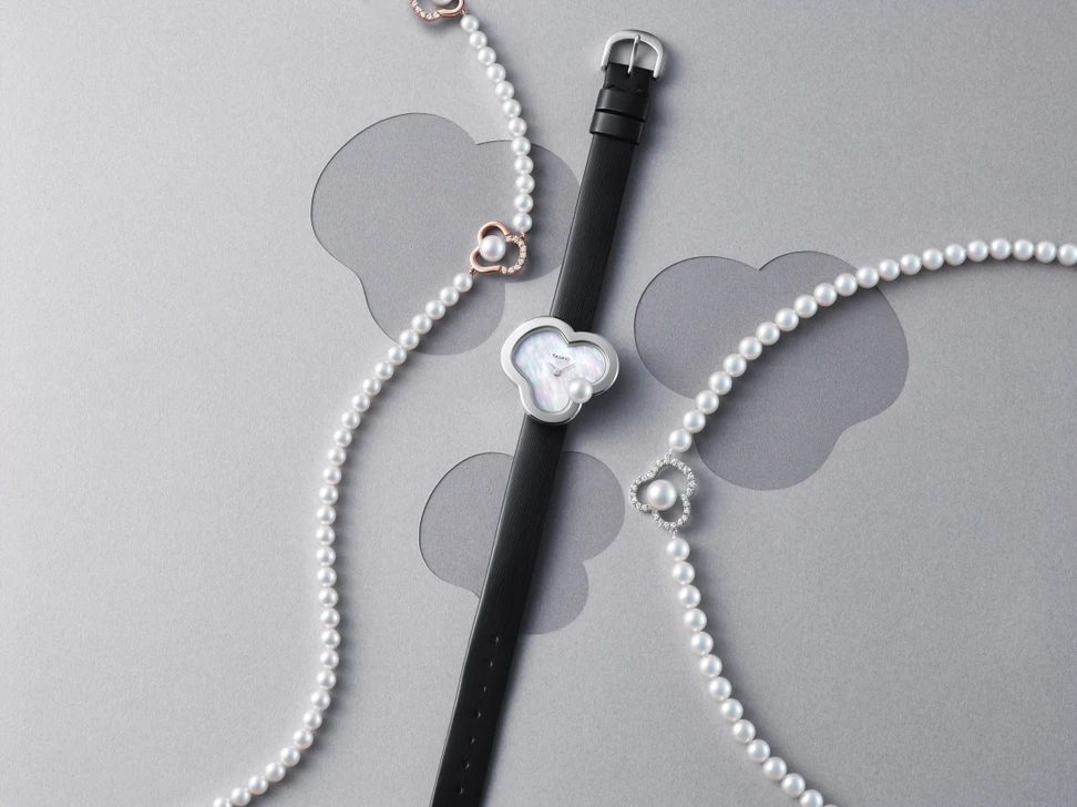 <p>Tasaki Chants signature and diamond pave necklaces in SAKURAGOLD™ and white gold with Akoya pearls, alongside the Chants watch with mother-of-pearl and Akoya pearls</p>
