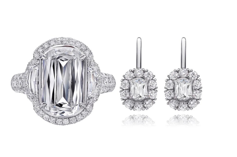 <p>Crisscut diamonds set in a ring and earrings</p>