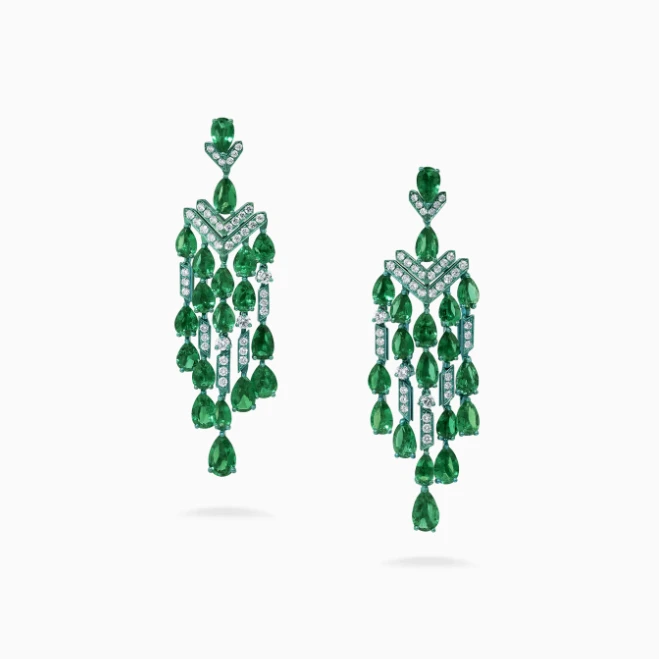 <p>David Morris Evergreen earrings with 27ct emeralds and 2.80ct white diamonds, set in green titanium</p>
