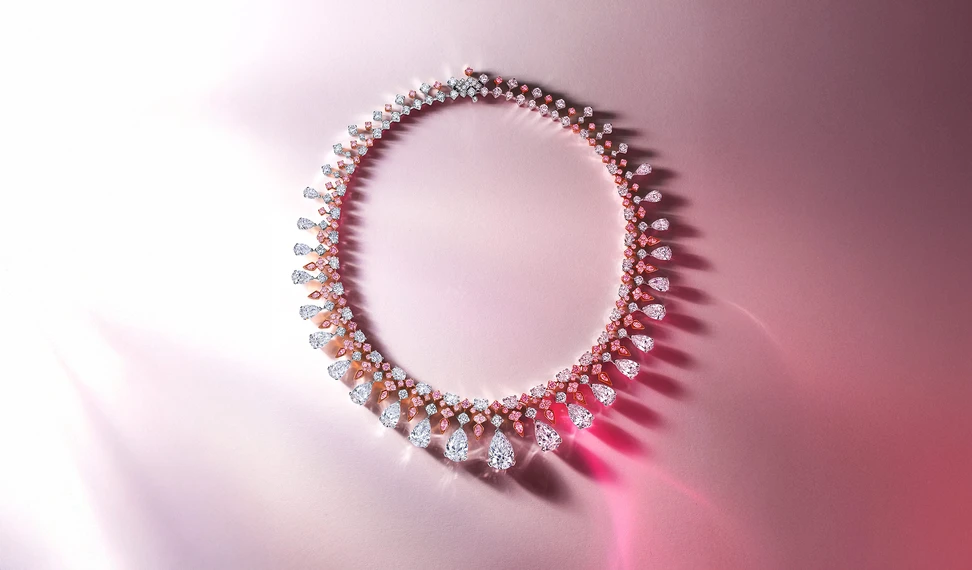 <p>The Harmonia High Jewellery necklace with 43.65ct of pear shape white diamonds, 20.02ct of round, oval and marquise white diamonds and 9.58ct of mixed shape pink diamonds set in 18ct white and rose gold</p>