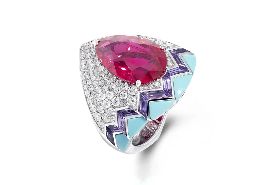 <p>David Morris white gold spinel, sapphire, turquoise and diamond ring from the 60th Anniversary Collection</p>
