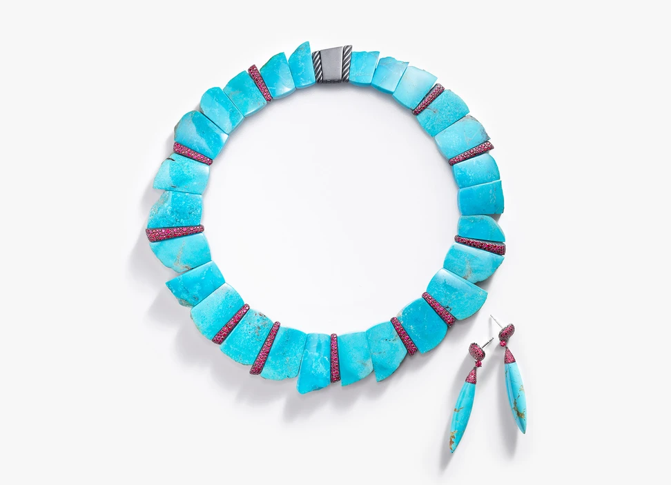 <p>David Yurman turquoise necklace and earrings from Artist Series</p>