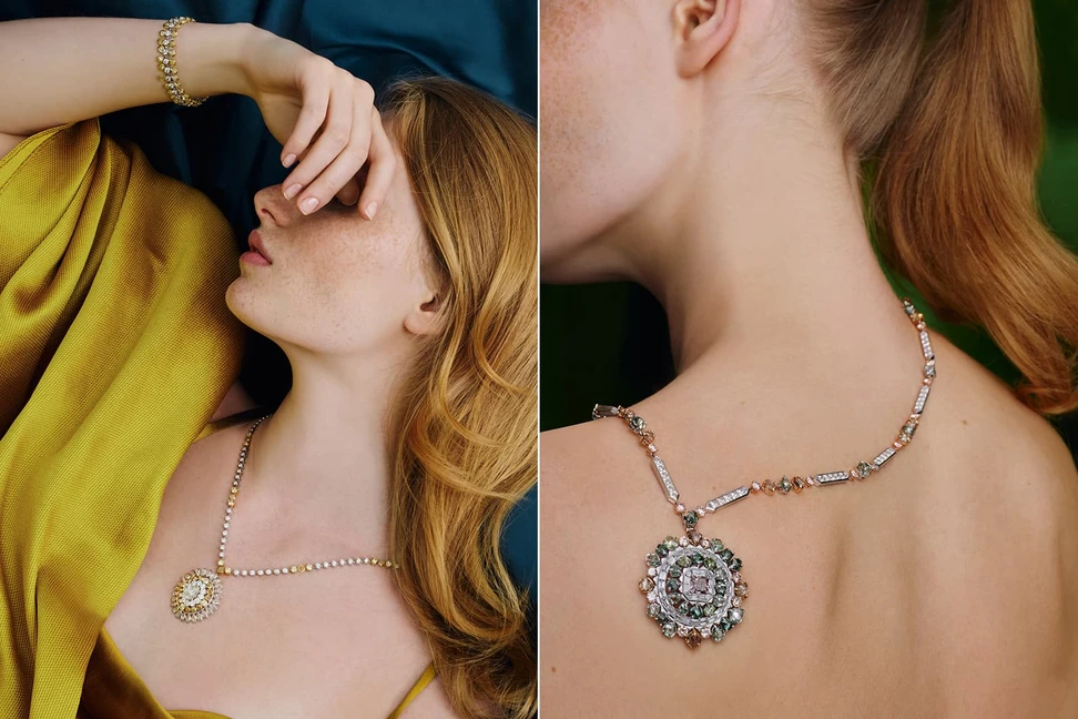 <p>De Beers &#8216;Portraits of Nature’ collection &#8216;Electric Cichlid&#8217; and &#8216;Knysna Chameleon&#8217; medallion necklaces with colourless and fancy coloured diamonds</p>
