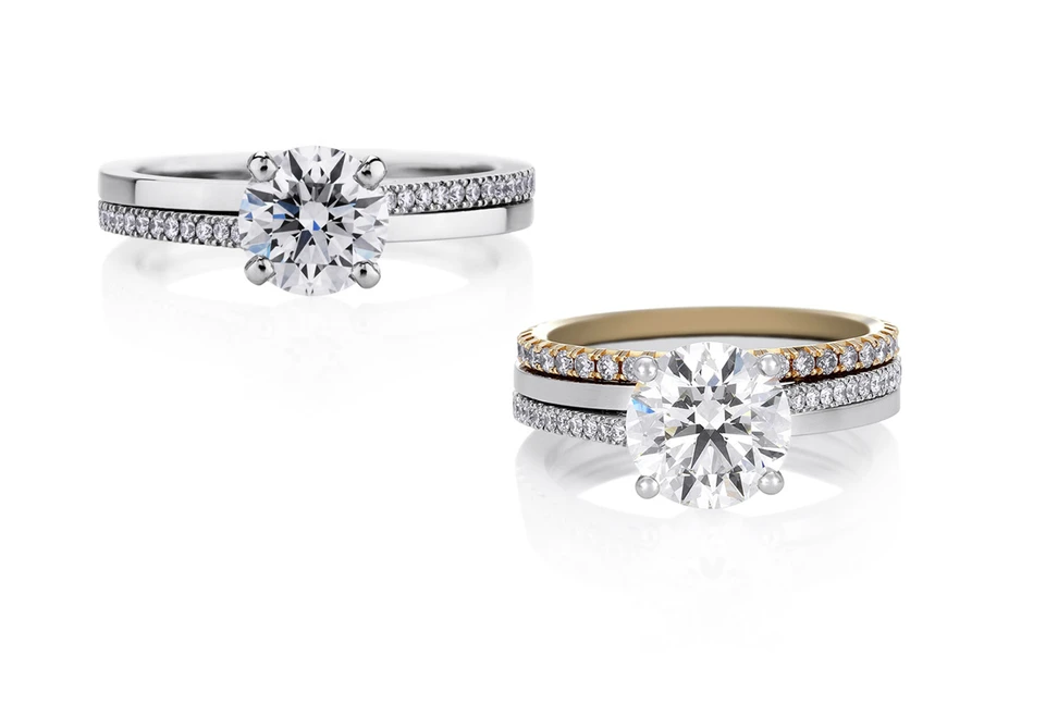 <p>De Beers &#8216;Promise&#8217; diamond engagement rings in white and yellow gold</p>
