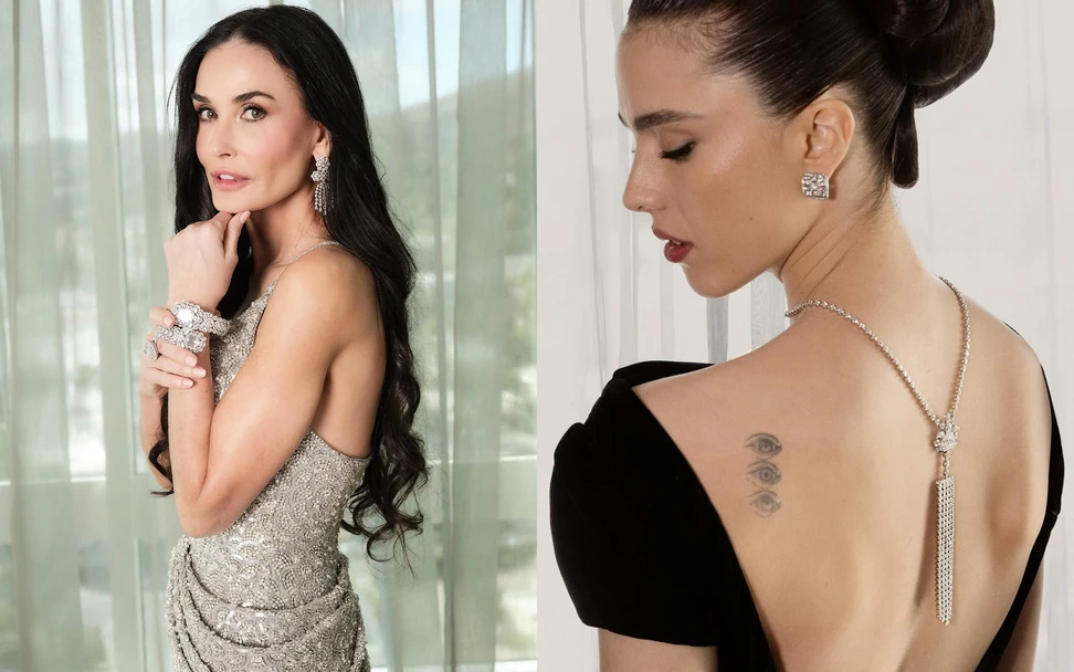 <p>Demi Moore (left) in Chopard chandelier earrings and a cuff bracelet with a 20-carat emerald-cut diamond and a 15-carat emerald-cut diamond, alongside Margaret Qualley wearing Motif Russe diamond necklace and Impression Florale diamond earrings in 18K white gold by Chanel  at the 97th Annual Academy Awards 2025</p>
