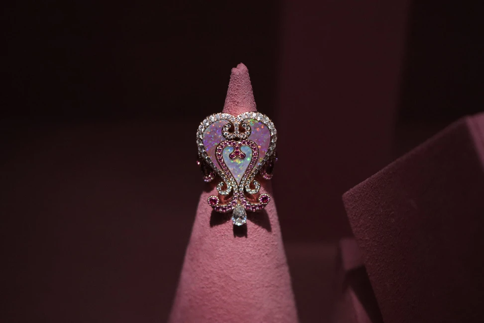 <p>An opal, diamond and pink sapphire ring from the Belle Dior High Jewellery collection by Dior Joaillerie</p>