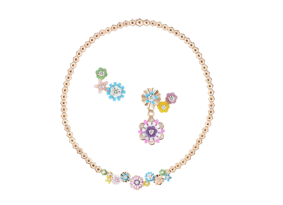 <p>Dior Diorigami necklace and earrings with diamonds, chrysoprase, turquoise, yellow agate, lepidolite, white mother-of-pearl, pink opal, and lacquer, set in pink gold</p>
